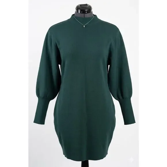 Express Dark Green Mock Neck Balloon Sleeve Knit Mini Sweater Dress Size Medium - Picture 1 of 9